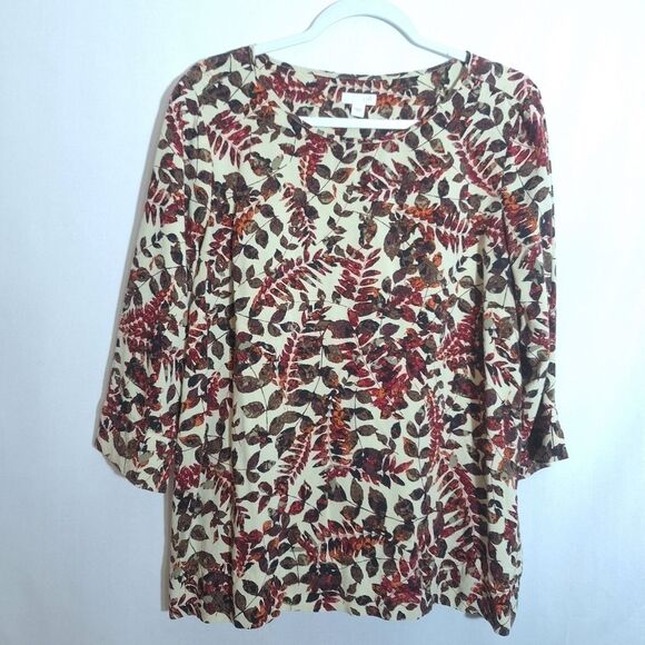 J. Jill Womens Tunic Blouse Autumn Fall Leaves 3/4 Sleeve Loose Officecore Large - Picture 1 of 9